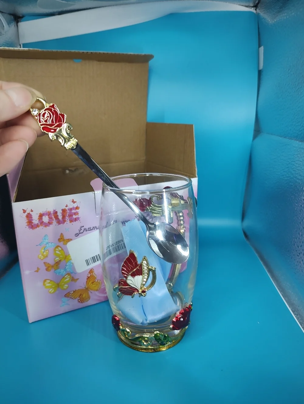 Handicraft Crystal Glass 3D Flower Tea Cup with Spoon Red Rose Accents